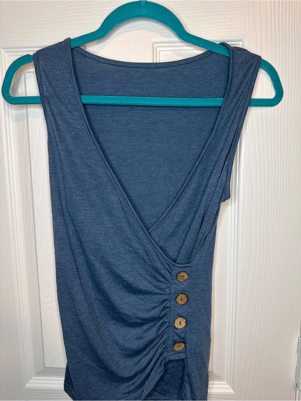 Sleeveless V-Neck Blue Wrap Tank with Button Detail